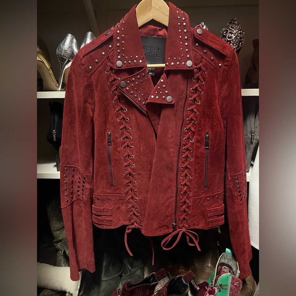 Red/Maroon Western Chic Studded Suede 100% Leather Jacket